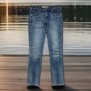 AMO Stix Crop Jeans 25 (26x26) Blue Pacific Distressed Denim Mid Rise Womens